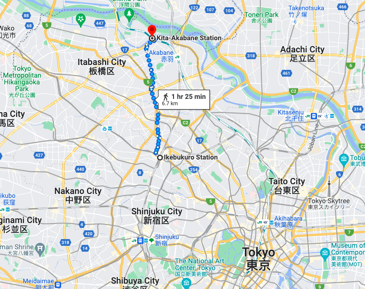 Ο χάρτης μιας πολύ μεγάλης διαδρομής περπατήματος στο Τόκιο